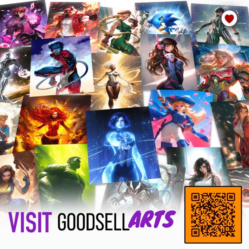 Op de afbeelding: Een verzameling kleurrijke kunstprints met verschillende personages uit videogames en stripboeken. De prints tonen personages als Sonic, D.Va en de Hulk, met levendige kleuren en dynamische poses. De tekst "VISIT GOODSELLARTS" is zichtbaar onderaan.