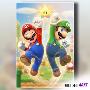 May include: A digital illustration featuring Mario and Luigi jumping with their arms raised toward a glowing yellow star. Mario wears a red cap and blue overalls, while Luigi wears a green cap and blue overalls. The text GOODSELLARTS appears at the bottom.