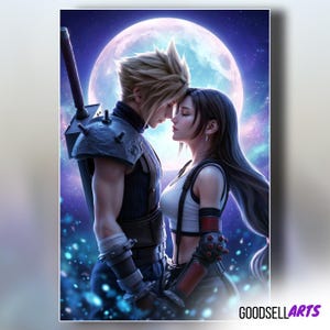 May include: A digital illustration of two characters standing face to face against a large, glowing full moon. The character on the left has spiky blonde hair and a dark shoulder pauldron with a sword on their back. The character on the right has long dark hair and wears a white tank top with dark arm guards.