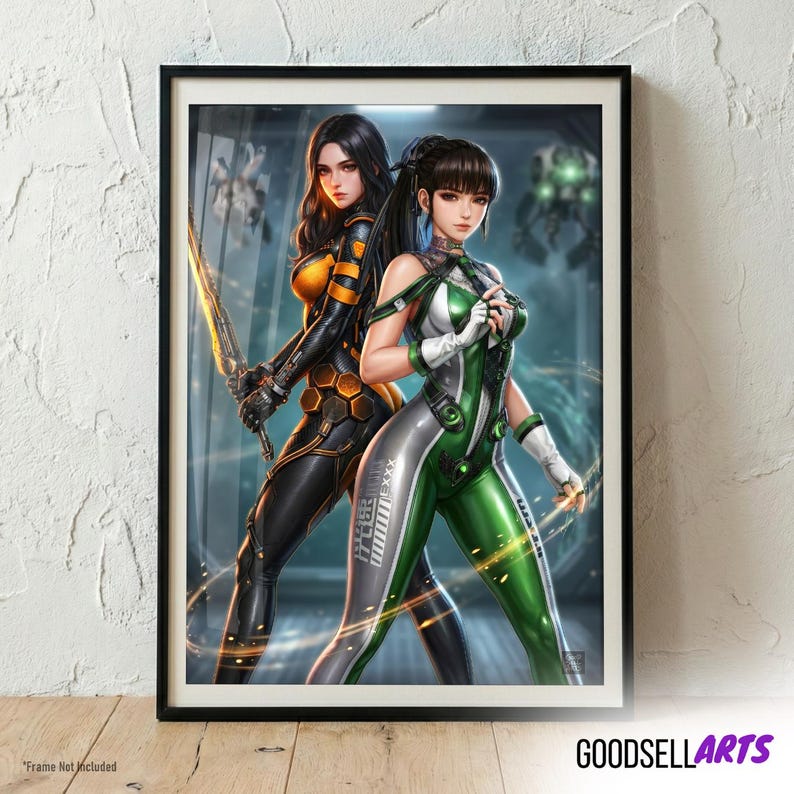 May include: A framed digital art print featuring two characters in futuristic bodysuits. One character wears a black and orange suit with a glowing sword, while the other wears a green and white suit. The background shows a dark, tech-inspired setting.