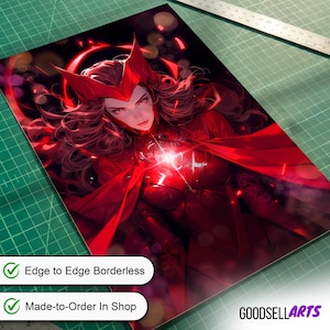 May include: A rectangular art print featuring a character with long dark hair wearing a red headpiece and red armor. A bright light glows from the chest area. The print is positioned on a green cutting mat next to a metal ruler showing inches.