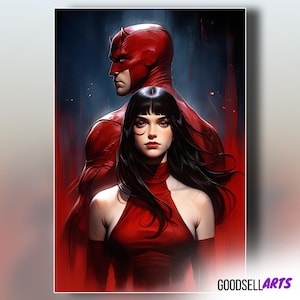 Daredevil Art Print, Elektra Wall Art, Matt Murdock and Natchios Portrait, Hell's Kitchen Decor, Marvel Fan Gift, Born Again Illustration