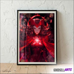 May include: A framed art print featuring a red-clad character with a red headpiece and flowing hair. The artwork has a vibrant, digital painting style with a focus on the character's face and a glowing central element. The print is in a black frame.