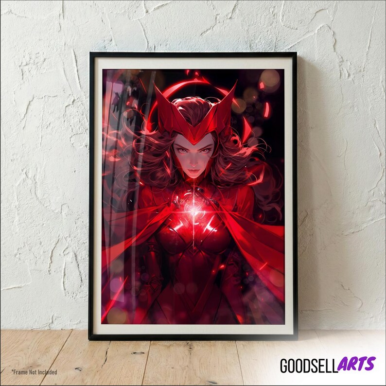 May include: A framed art print featuring a red-clad character with a red headpiece and flowing hair. The artwork has a vibrant, digital painting style with a focus on the character's face and a glowing central element. The print is in a black frame.