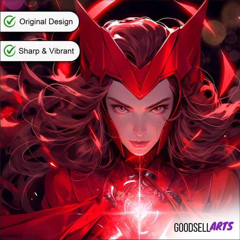 May include: A digital art print of a woman with red eyes and a red headpiece. The image is predominantly red, with the text "Original Design" and "Sharp & Vibrant" in the upper left corner. The artist's name, "GOODSELLARTS", is in the lower right corner.