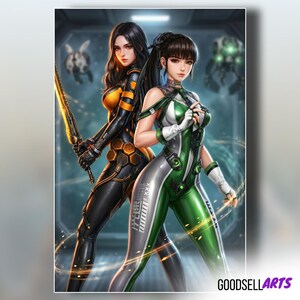 May include: A digital illustration featuring two figures in futuristic bodysuits. One figure wears a black and orange suit with a glowing sword, while the other wears a green and white suit with white gloves. The text GOODSELLARTS appears at the bottom.