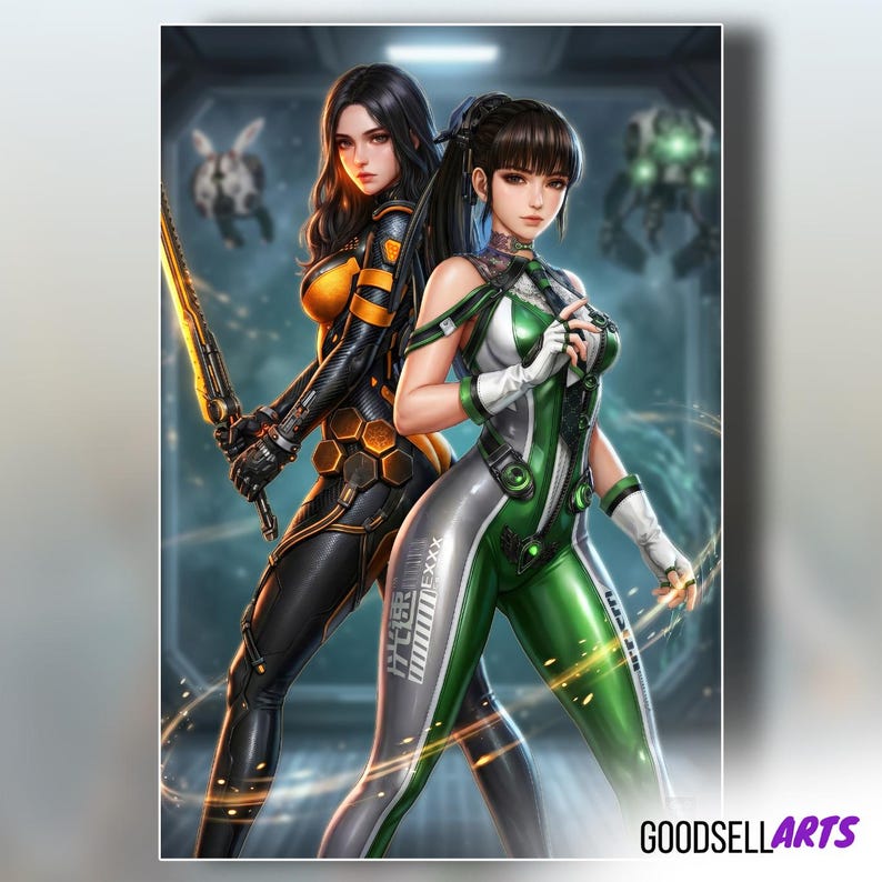 May include: A digital illustration featuring two figures in futuristic bodysuits. One figure wears a black and orange suit with a glowing sword, while the other wears a green and white suit with white gloves. The text GOODSELLARTS appears at the bottom.