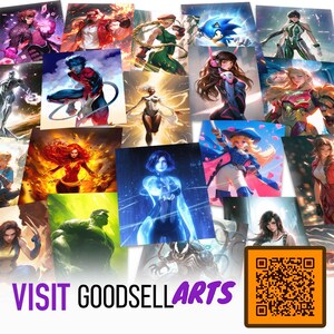 May include: A collage of various digital character illustrations featuring figures like Gambit, Sonic, Hulk, and others, with the text VISIT GOODSELLARTS and a square QR code in the bottom right corner. The artwork displays diverse colors and action poses.