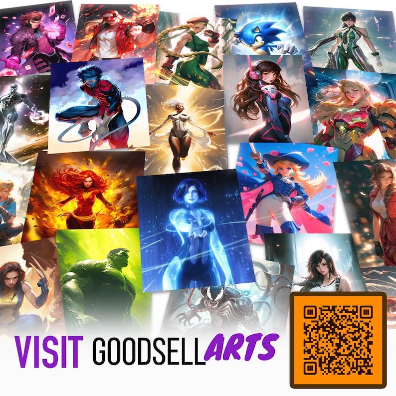 May include: A collage of various digital character illustrations featuring figures like Gambit, Sonic, Hulk, and others, with the text VISIT GOODSELLARTS and a square QR code in the bottom right corner. The artwork displays diverse colors and action poses.