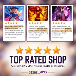 May include: A graphic display featuring three customer reviews with five-star ratings, showcasing artwork of a character in a blue outfit, a fiery figure, and a purple-clad character. Below, five gold stars and the text TOP RATED SHOP GOODSELLARTS.