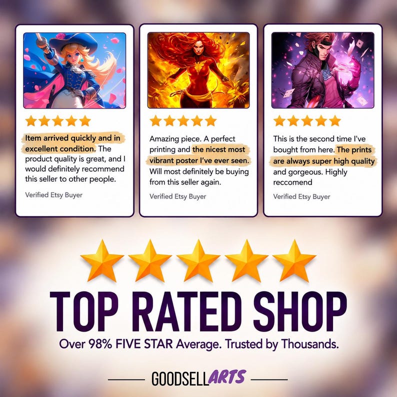 May include: A graphic display featuring three customer reviews with five-star ratings, showcasing artwork of a character in a blue outfit, a fiery figure, and a purple-clad character. Below, five gold stars and the text TOP RATED SHOP GOODSELLARTS.
