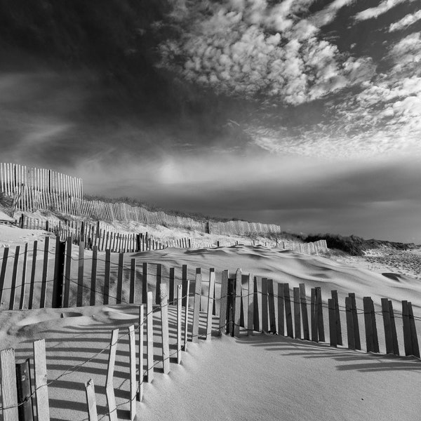 Dunes de plage et clôture sur la plage de Cape Cod. Ciel, Océan, Sable Noir et Blanc Paysage marin, MayFlower Beach, Dunes de sable, Clôture de plage