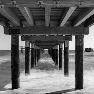 Pier on Oak Bluffs Marthas Vineyard, Water Harbor, Nautical, Depth of Field, Long Exposure, Waves, Ocean, Black and White.