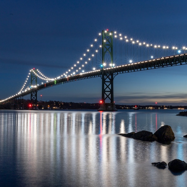 Mount Hope Bridge at Night. Rhode Island, Architecture Photography, Long Exposure Photography, Wall Art, Wall Hangings, Bristol RI