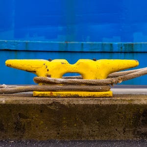 Yellow Boat Mooring, Rope, Blue Fishing Boat. Harbor, Nautical, Fishing, Color, Wall Art, Horizontal, Photography