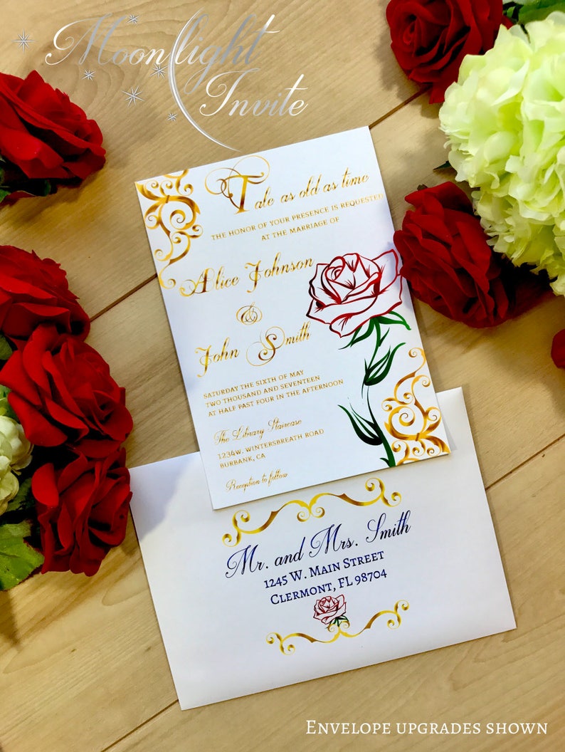 Beauty and the beast inspired wedding invitation with red