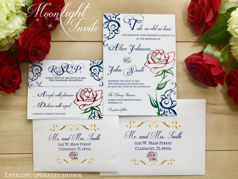 Beauty and the beast inspired wedding invitation with red