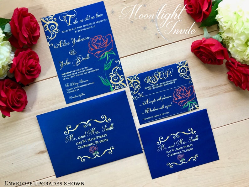 Beauty and the beast inspired wedding invitation with red