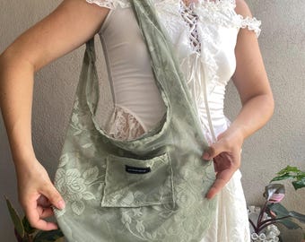 Handmade Sage Lace Tote Bag, Upcycled Curtain, Floral Market Bag