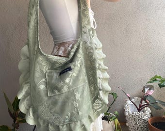 Handmade Lace Tote Bag, Sage Floral Ruffle, Upcycled Curtain Market Bag