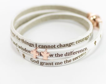 Serenity Prayer Leather Bracelet, Leather Prayer Jewelry, Friendship, Sobriety, Christian Jewelry, Custom Charms
