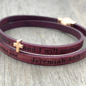 Jeremiah 33:3 Inscribed Leather Prayer Bracelet, Scripture Jewelry, Christian Gift, Faith Jewelry