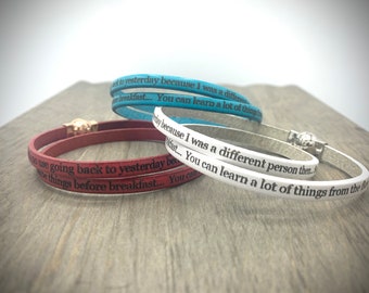 Alice in Wonderland Quotes Bracelet, Inscribed Leather Wrap, Lewis Carroll quotes, Disney Quotes Gift