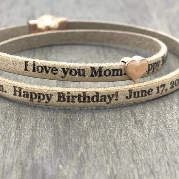Custom Laser Inscribed Leather Bracelet, Personalized Engraved Double Wrap, Personal, Touching, Love Jewelry