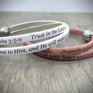 Proverbs 3: 5-6 Bracelet, Inscribed Leather Prayer Wrap, Scripture Jewelry, Christian Jewelry