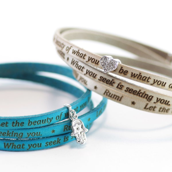 Écharpe en cuir rumi, bracelet citations inspirantes, bijoux motivants