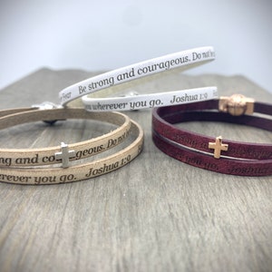 Joshua 1:9 Prayer Bracelet, Inscribed Leather Wrap, Faith Over Fear, Scripture Jewelry, Christian Gift