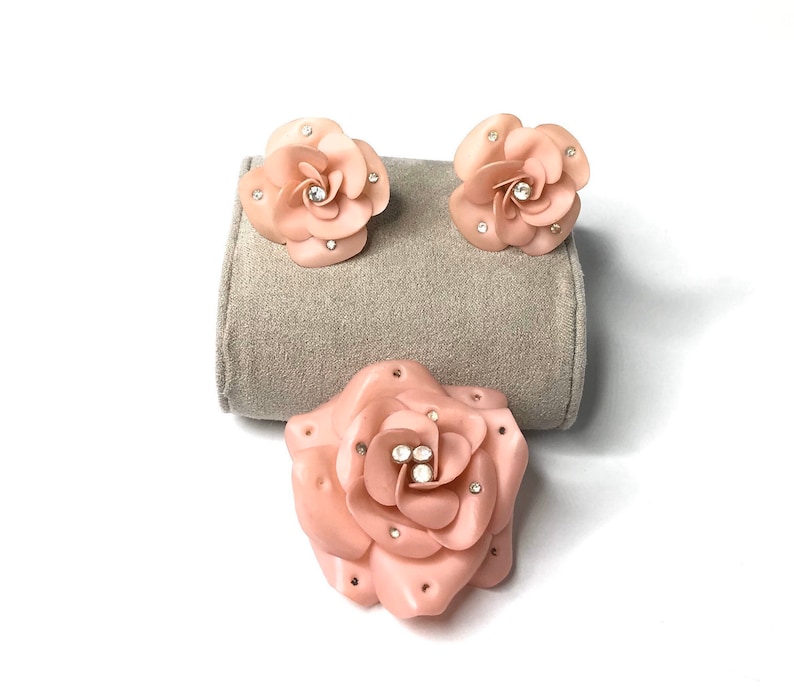 Gorgeous 1930\u2019s Antique Extremely Light Camellia Earrings and Brooch Set