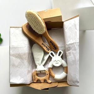 personalized organic baby gift, eco-friendly animal toy, gender neutral new baby gift set