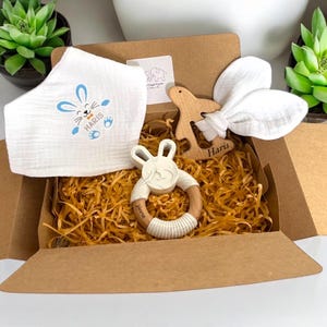 Baby Junge Ostern Korb Geschenk Idee, Ostern Andenken, Silikon Beißring, personalisierte Kaninchen Lätzchen