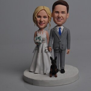 Custom Couple Bobblehead Wedding Cake Topper with Pet