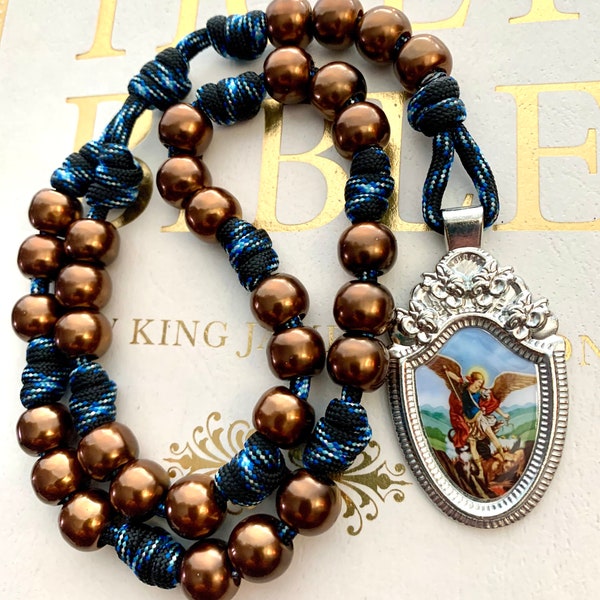 St. Michael Chaplet with 12mm ABS Plastic Brown Gloss Finish Beads. #550 Paracord