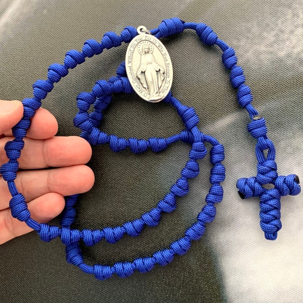 Royal Blue Knotted Catholic Rosary Rope w/Large Miraculous Medal. All #550 Paracord