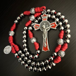 Red St. Benedict Catholic Rosary. Metal 10mm Gunmetal Finish Beads. Metal Alloy Our Father Beads. Your Choice of St Medal. #550 Paracord.
