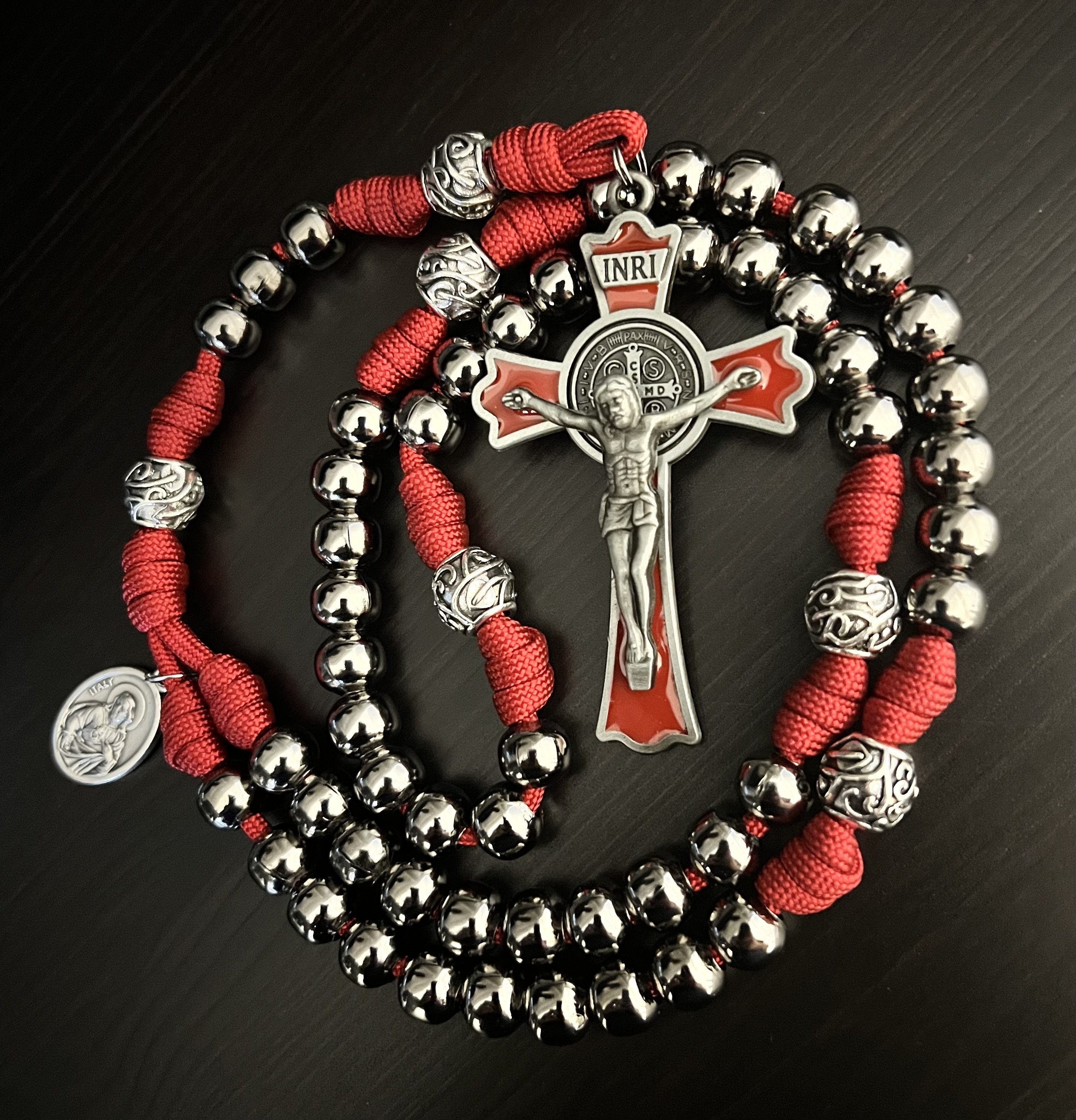 Red St. Benedict Catholic Rosary. Metal 10mm Gunmetal Finish Beads