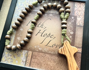 Holy Land Anglican Rosary. Olive Wood 2.5 inch Cross Made in Jerusalem. 12mm Walnut Brown Wood Beads. Olive Green #550 Paracord.