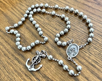 The Traveling Saint. Stainless Steel 8mm Beads, Ball Chain Catholic Rosary. Anchor Crucifix. Centerpiece of St. Christopher.