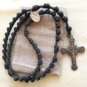 Charcoal Diamond Knotted Catholic Rosary Rope w/choice of Saint Medal. Metal Silver Plated Detailed Antique Design Crucifix. #550 Paracord