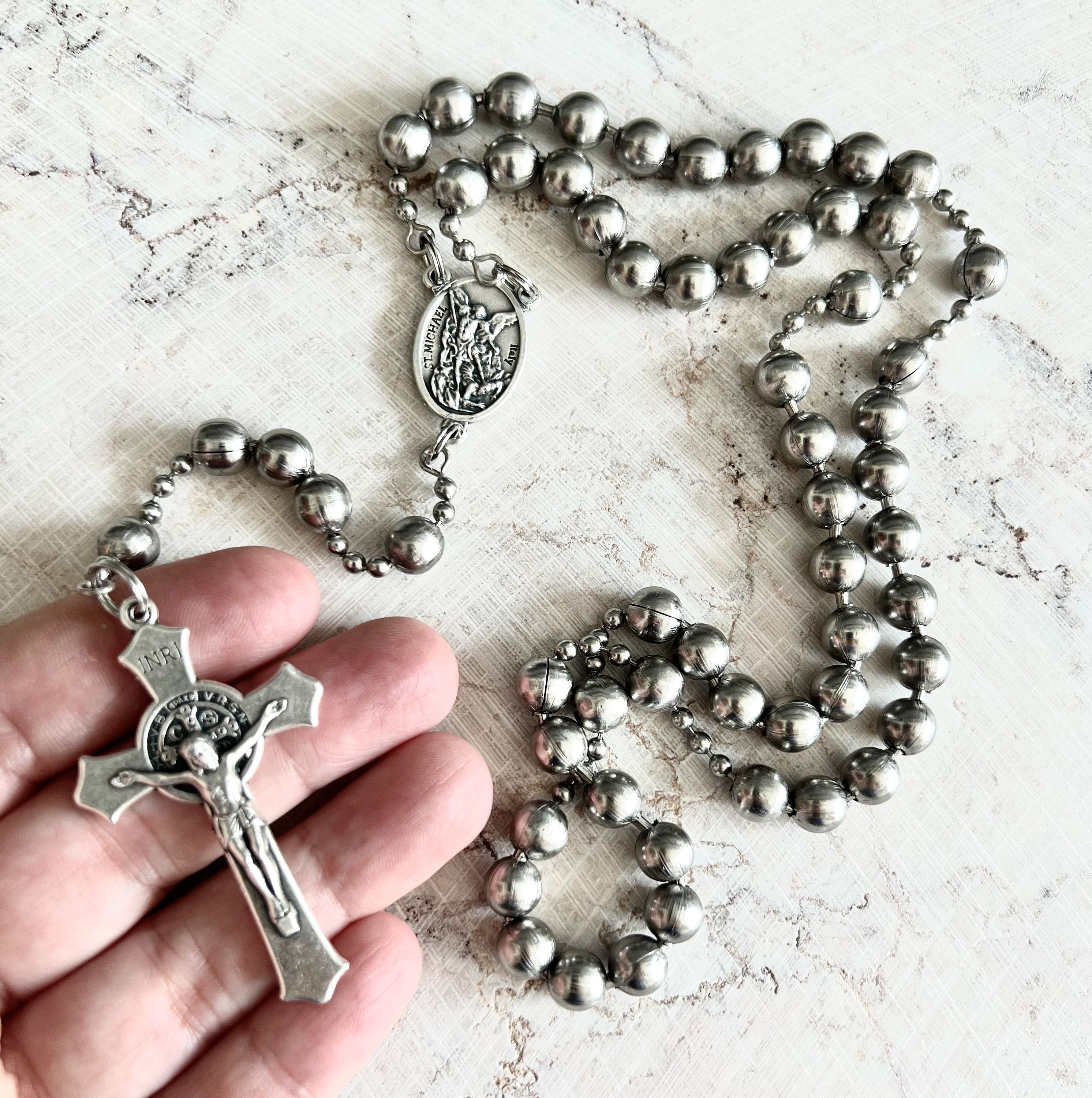 Stainless Steel 8mm Beads, Ball Chain Catholic Rosary With St