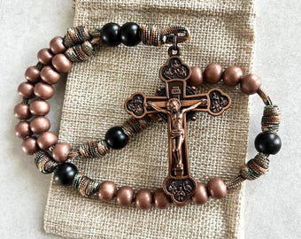 12 Apostles Anglican Rosary. Large Metal Cross. 10mm Metal Copper Finish Beads. Black Matte Cruciform Beads. #550 Paracord.
