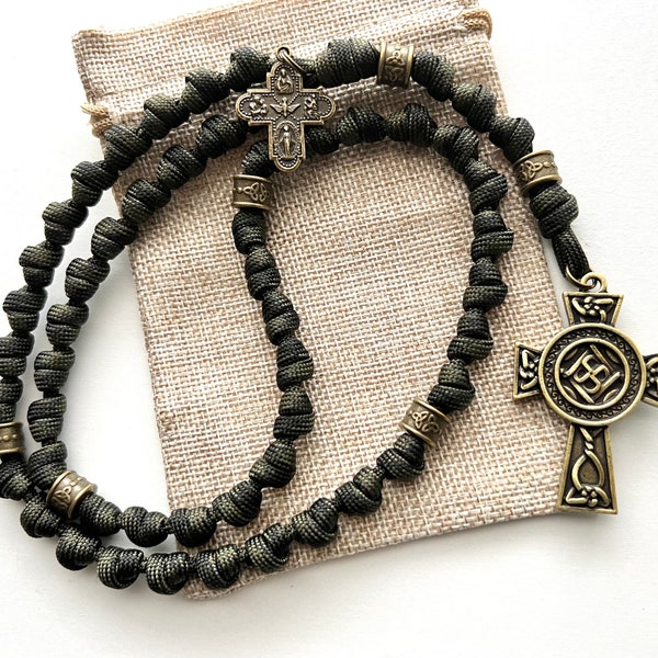 Bronze Celtic Knotted Catholic Rosary Rope. Metal Celtic Our Father Beads. Bronze Metal Cross. Added 4-Way Medal. #550 Paracord