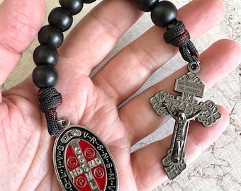 One Decade Catholic Rosary. Gunmetal Pardon Crucifix & Large Saint Benedict Medal. 12mm Black Acrylic Beads. #550 Paracord