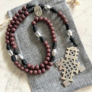 Large Ethiopian Cross Catholic Rosary. 10mm Brown Acrylic Beads. Aluminum Aircraft Grade Our Father Beads. Your Choice of St Medal.