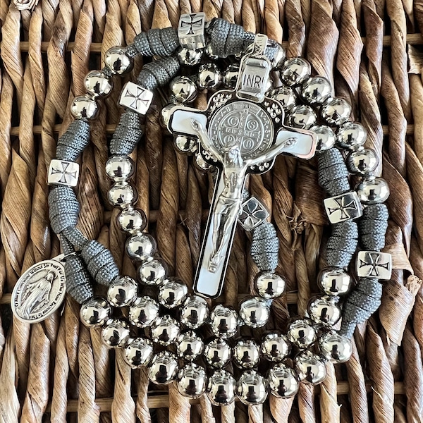 Thick St. Benedict Crucifix, All Metal Catholic Rosary. 10mm Beads. Cross Design Our Father Beads. Your choice of Saint Medal. #550 Paracord