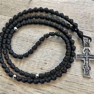 Large Black Eastern Orthodox Prayer Rope Chotki 100 Barrel Knots. 28” Length. Large Stainless Steel Eastern Orthodox Crucifix. #550 Paracord