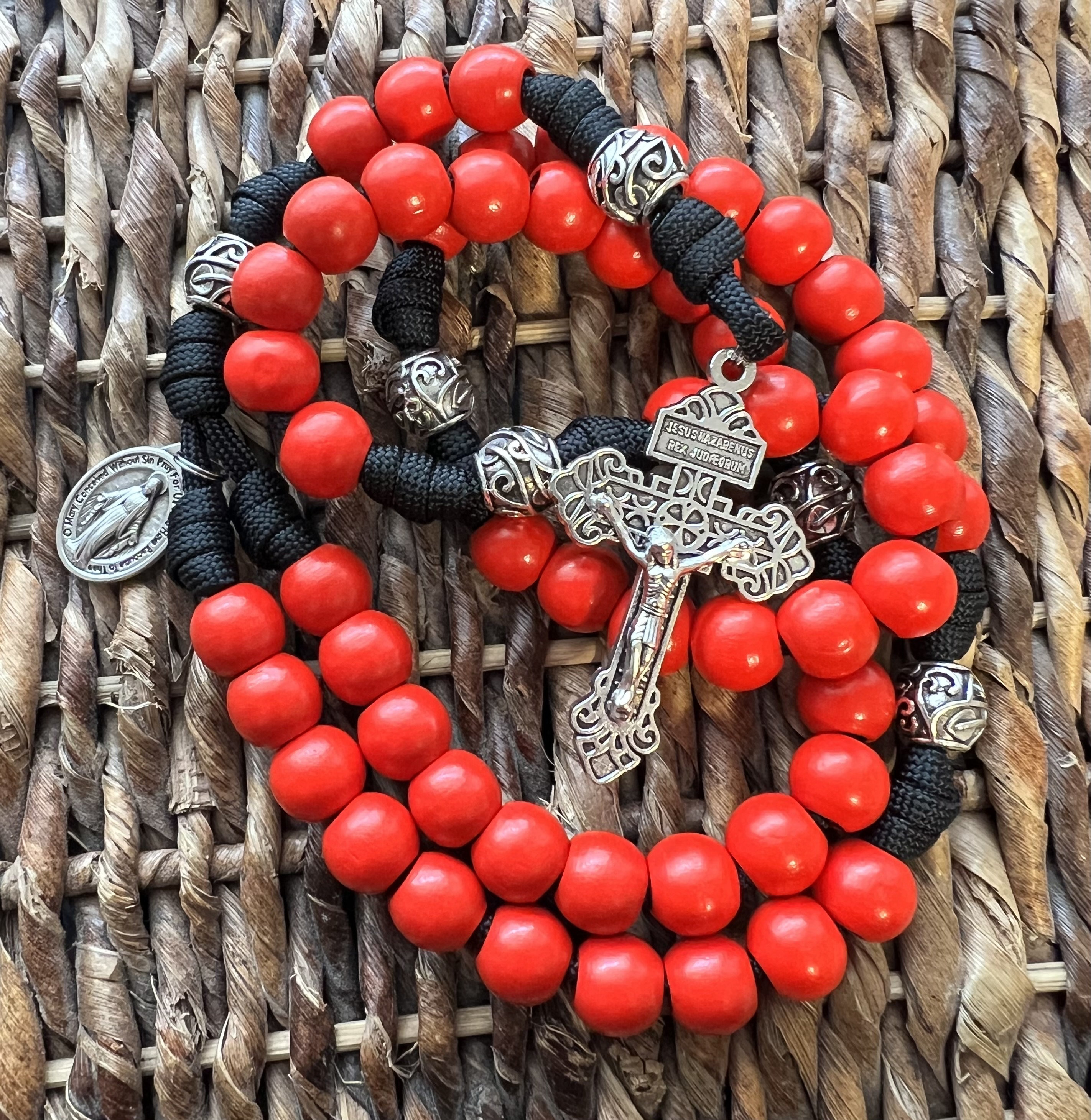 Red Pardon Crucifix Catholic Rosary W/12mm Round Wood Beads. Metal